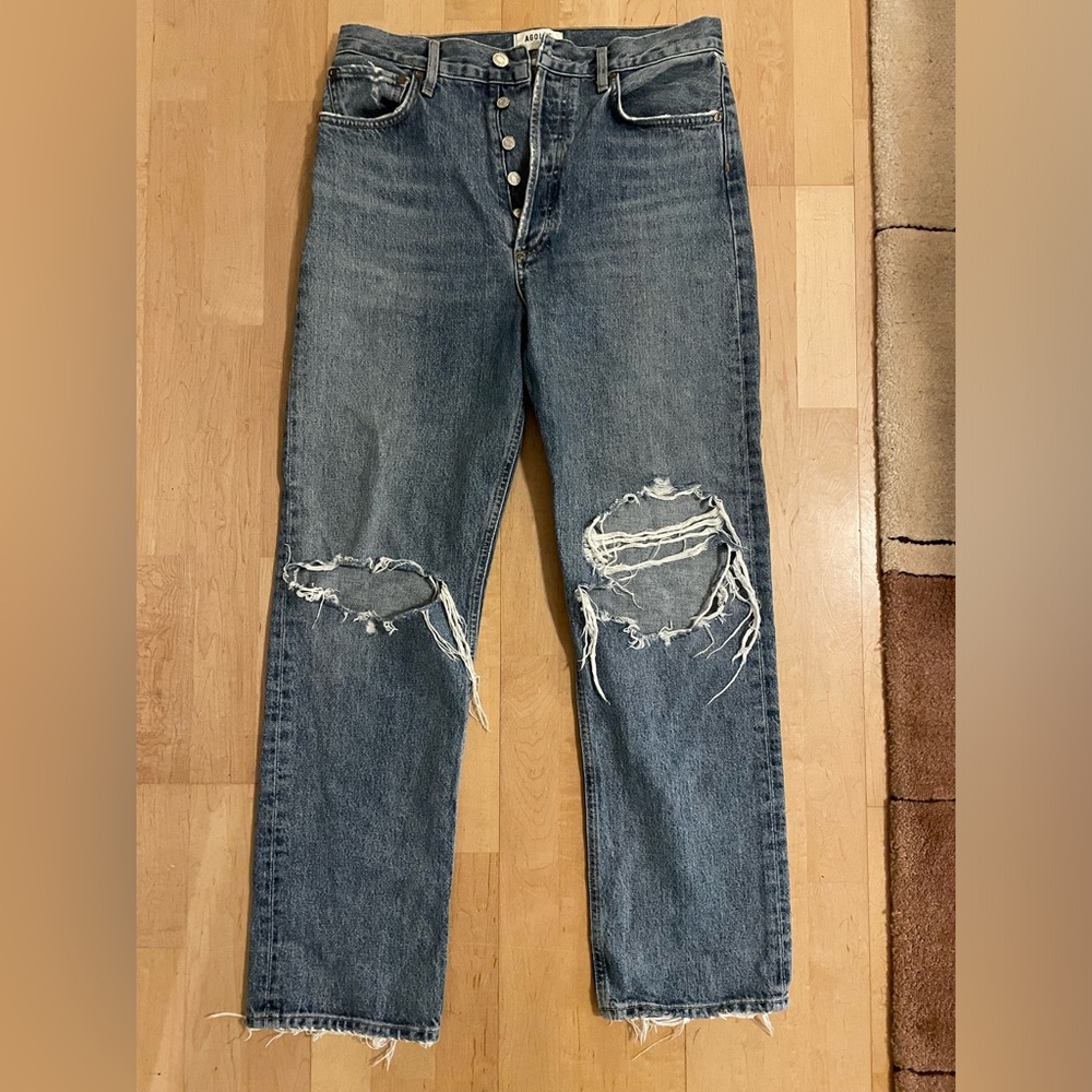 AGOLDE straight leg jeans with ripped knees